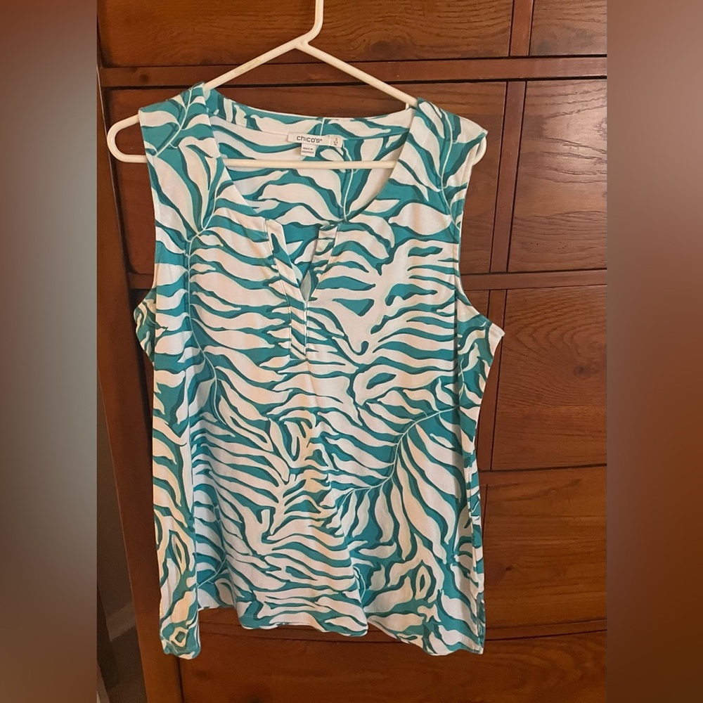 Chico's Teal & White Zebra-Print Sleeveless Tunic Top